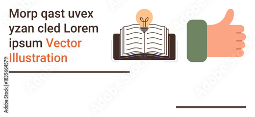 Education, creativity, learning, approval, knowledge sharing, idea generation. Open book with light bulb above and a thumbs-up gesture. Education and creativity concept