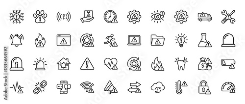 Alerts and warnings line icon set. Vector pictograms of error, alarm, delivery, battery, data, security, thin outline illustration.