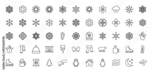Winter and christmas line icon set. Vector pictograms of snowflake, snowman, scarf, fireplace, and mittens, thin outline illustration.