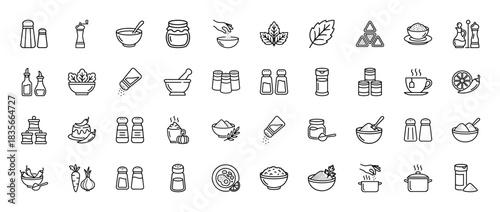 Cooking and seasoning line icon set. Vector pictograms of salt, pepper, shaker, grinder, mortar, herb, bowl, jar, oil, pot and spice, thin outline illustration.