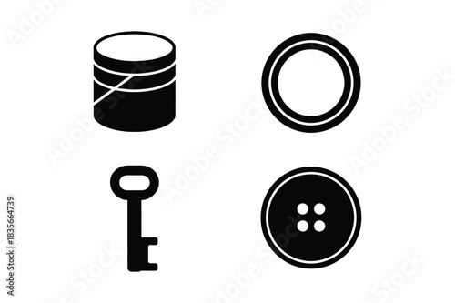 Four simple black and white icons representing common objects