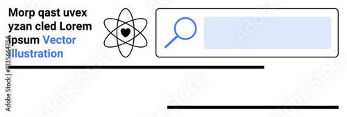 Innovation, science research, digital learning, data search, online exploration, interface design. Minimalistic atom diagram with heart and magnifying glass. Innovation and science research ion