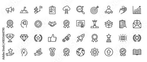 Business and success line icon set. Vector pictograms of megaphone, goal, diamond, award, and certificate, thin outline illustration.