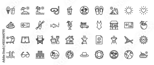 Travel and summer vacation line icon set. Vector pictograms of beach, food, sports, transportation, and hotel, thin outline illustration.