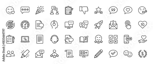 Customer feedback and review line icon set. Vector pictograms of satisfaction, rating stars, megaphone, checklist, and headset, thin outline illustration.