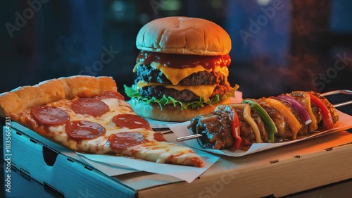 Cinematic Food Video of Fast-Food Trio with Pizza, Cheeseburger, and Kebab in Neon Diner Ambiance