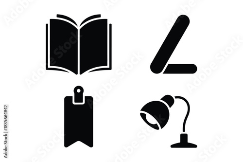 Four black icons representing reading and study essentials