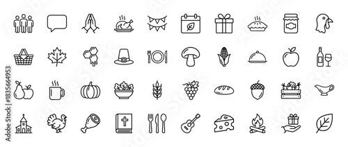 Thanksgiving and autumn line icon set. Vector pictograms of turkey, pumpkin, harvest corn, pilgrim hat, pie, acorn, wheat and family dinner, thin outline illustration.