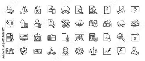 Finance and business line icon set. Vector pictograms of money management, security, documents, and data analysis, thin outline illustration.
