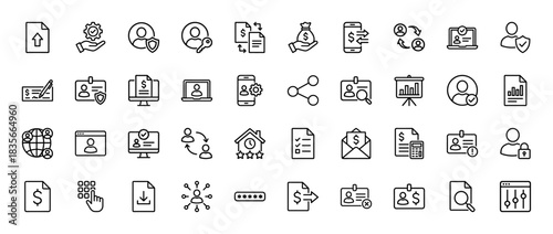 Finance and business line icon set. Vector pictograms of document, user, security, money, transfer, and settings, thin outline illustration.