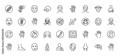 Medical allergy line icon set. Vector pictograms of rash, peanuts, flowers, swollen face, sneezing, and sun allergy, thin outline illustration.