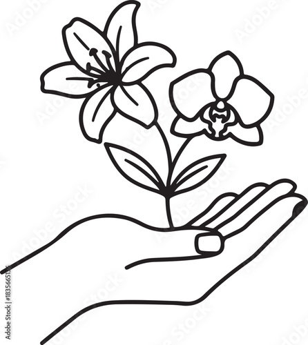 Minimalist Hand Holding Flower Line Art Vector. Simple Botanical Blossom Outline Icon. Nature, Care, and Gift Design Element for Logo, Wedding, or Wellness Graphics.