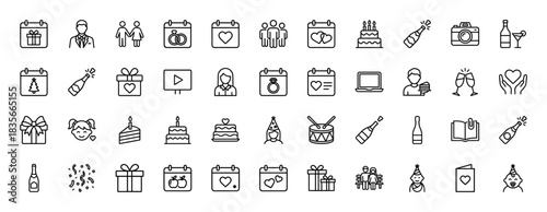 Celebration and event line icon set. Vector pictograms of calendar, cake, gift, champagne, and wedding elements, thin outline illustration.