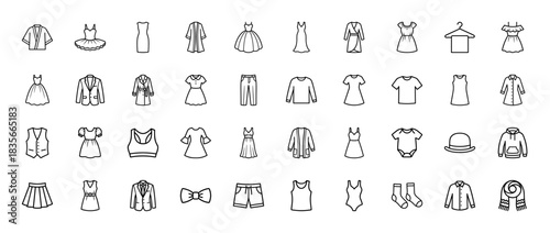 Fashion and clothing line icon set. Vector pictograms of dress, shirt, pants, skirt, jacket, hoodie, swimsuit, scarf, hat, socks, underwear, coat, thin outline illustration.