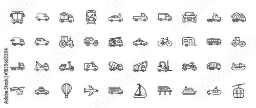 Transportation line icon set. Vector pictograms of bus, car, train, truck, ship, plane, and bicycle, thin outline illustration.