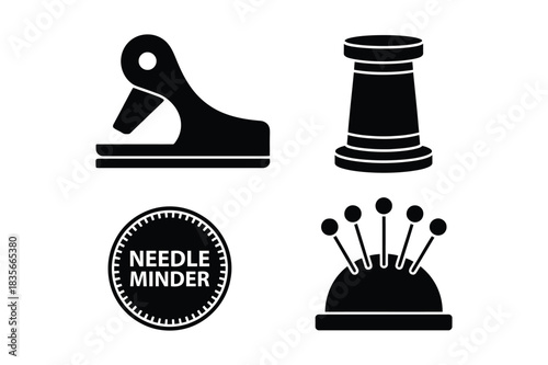 Sewing notions icons thread spool needle minder pincushion and seam ripper