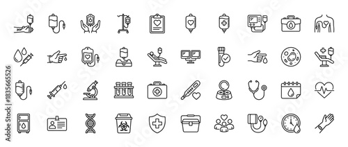 Blood donation line icon set. Vector pictograms of syringe, blood bag, stethoscope, microscope, heart, thermometer, test tube and donor, thin outline illustration.