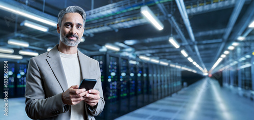 Happy mature man engineer wearing suit using mobile cell phone at data center work. Middle aged manager holding smartphone looking at camera standing in server room security warehouse. Banner