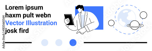 Man in formal attire using a digital tablet with earth and planet graphics. Ideal for technology, business, global communication, education, space exploration, innovation, simple landing page