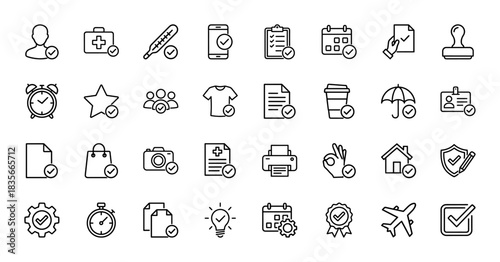 Business and personal organization line icon set. Vector pictograms of calendar, gear, documents, and medical check, thin outline illustration.