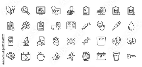 Medical and health care, repair and maintenance, and wellness line icon set. Vector pictograms of stethoscope, heart, syringe, brain, and car, thin outline illustration.