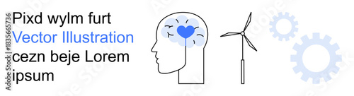 Innovation, mental health, renewable energy, engineering, sustainable technology, clean energy. Human head with heart, wind turbine and gears. Innovation and renewable energy concepts