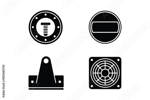 Set of four black and white industrial component icons
