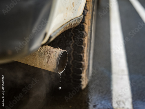 Close up of a truck tailpipe exhaust with smoke and a drop of water coming out