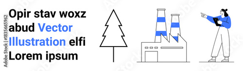 Woman holding clipboard pointing at a factory beside a simple tree sketch. Represents industry vs nature dynamics. Ideal for sustainability, climate, industry, ecology, debate, awareness, simple