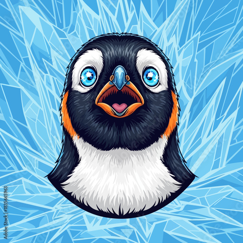 Cartoon Penguin Head with Open Beak and Wide Eyes.