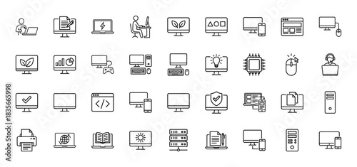 Technology and computing line icon set. Vector pictograms of computers, laptops, programming, and data, thin outline illustration.