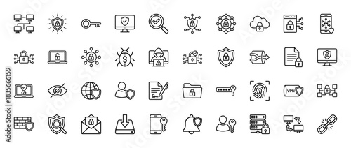 Cybersecurity line icon set. Vector pictograms of shield, lock, key, network, fingerprint, and firewall, thin outline illustration.