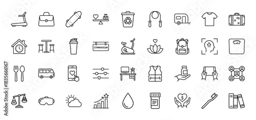 Health, lifestyle, and leisure line icon set. Vector pictograms of fitness equipment, travel luggage, work items, and personal care, thin outline illustration.