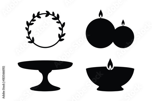 Black silhouette icons of a laurel wreath cake stand and oil lamps