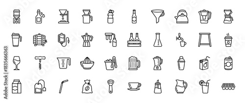 Beverage and drink preparation line icon set. Vector pictograms of coffee maker, wine glass, corkscrew, and blender, thin outline illustration.