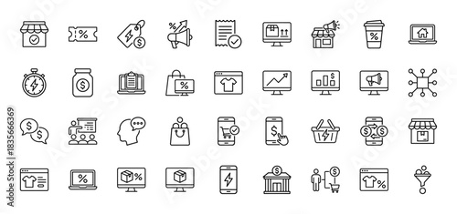 E-commerce and shopping line icon set. Vector pictograms of store, payment, percentage, discount, and analytics, thin outline illustration.