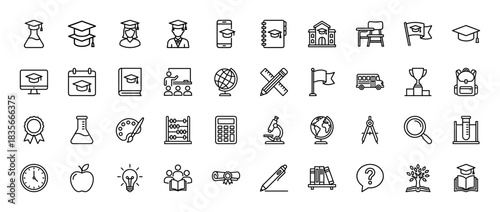 Education line icon set. Vector pictograms of graduation, book, student, classroom, science, bus, backpack, diploma and learning tools, thin outline illustration.