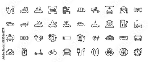 Electric vehicle line icon set. Vector pictograms of charging stations, battery, car, cable, and energy, thin outline illustration.