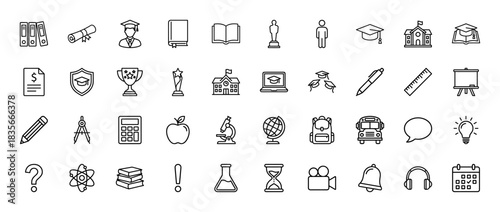 Education line icon set. Vector pictograms of graduation cap, diploma, book, student, school bus, and microscope, thin outline illustration.