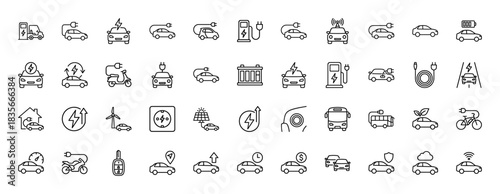 Electric vehicle and charging line icon set. Vector pictograms of cars, charging stations, plugs, and renewable energy, thin outline illustration.