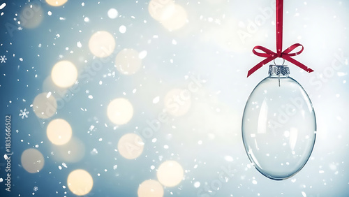 Clear oval christmas ornament hanging with red ribbon and bokeh lights