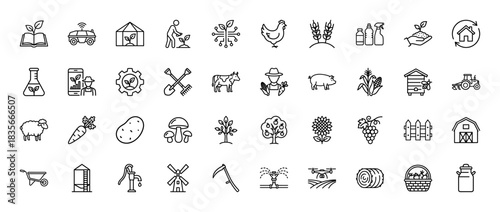 Agriculture and farming line icon set. Vector pictograms of smart farming, livestock, machinery, and crops, thin outline illustration.