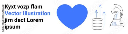 Love, analytics, decision-making, business growth, data strategy, conceptual design. A blue heart, a database with arrows and a chess knight. Love and analytics concept