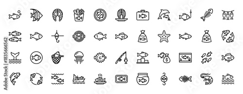 Fish and seafood outline icon set. Vector pictograms of dolphin, fishing rod, shrimp, starfish, and skeleton, thin monochrome illustration.