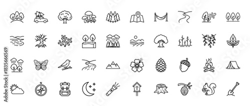 Nature and camping line icon set. Vector pictograms of trees, hiking gear, fire, and tent, thin outline illustration.