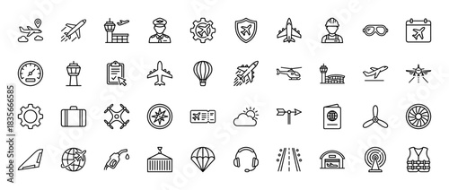Aviation and air travel line icon set. Vector pictograms of aircraft, airport, pilot, luggage, and calendar, thin outline illustration.