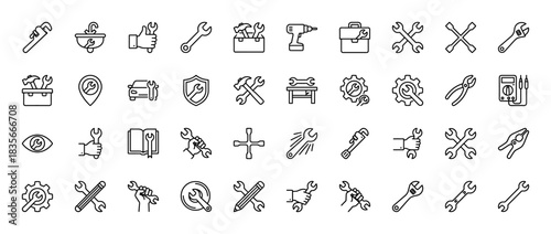 Repair and service line icon set. Vector pictograms of wrench, screwdriver, toolbox, gear, and pliers, thin outline illustration.