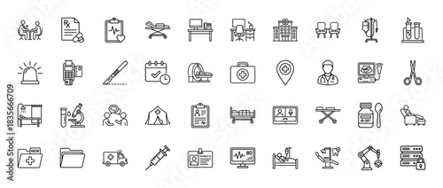 Medical healthcare line icon set. Vector pictograms of syringe, ambulance, scalpel, x-ray, and pills, thin outline illustration.