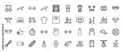 Fitness and gym line icon set. vector pictograms of dumbbell, treadmill, kettlebell, mat, and exercise machine, thin outline illustration.