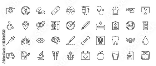 Medical and healthcare line icon set. Vector pictograms of stethoscope, syringe, ambulance, microscope, dna, lungs, tooth, brain, pills, thin outline illustration